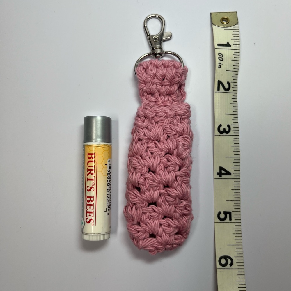 Handmade Crochet Lip Gloss Holder Keychain Approx 5-1/2” long Pink